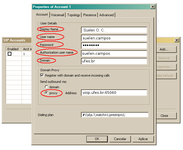 aba account: display name, user name, password, authorization user name, domain, proxy